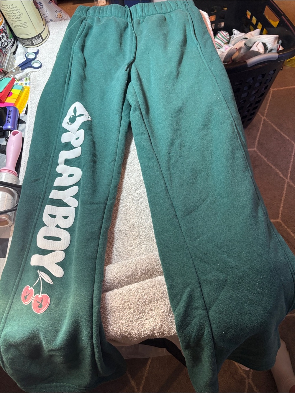 PLAYBOY Teal Green unisex Joggers with White Logo & Cherry Graphic